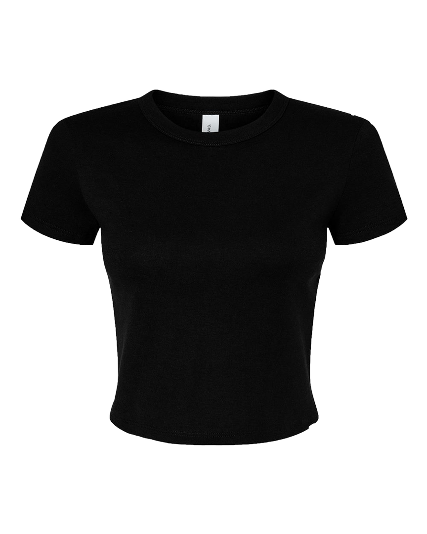 Flat lay of Custom Bella + Canvas Women's Micro Rib Baby Tee in black, showcasing its fitted cropped design and ribbed texture.