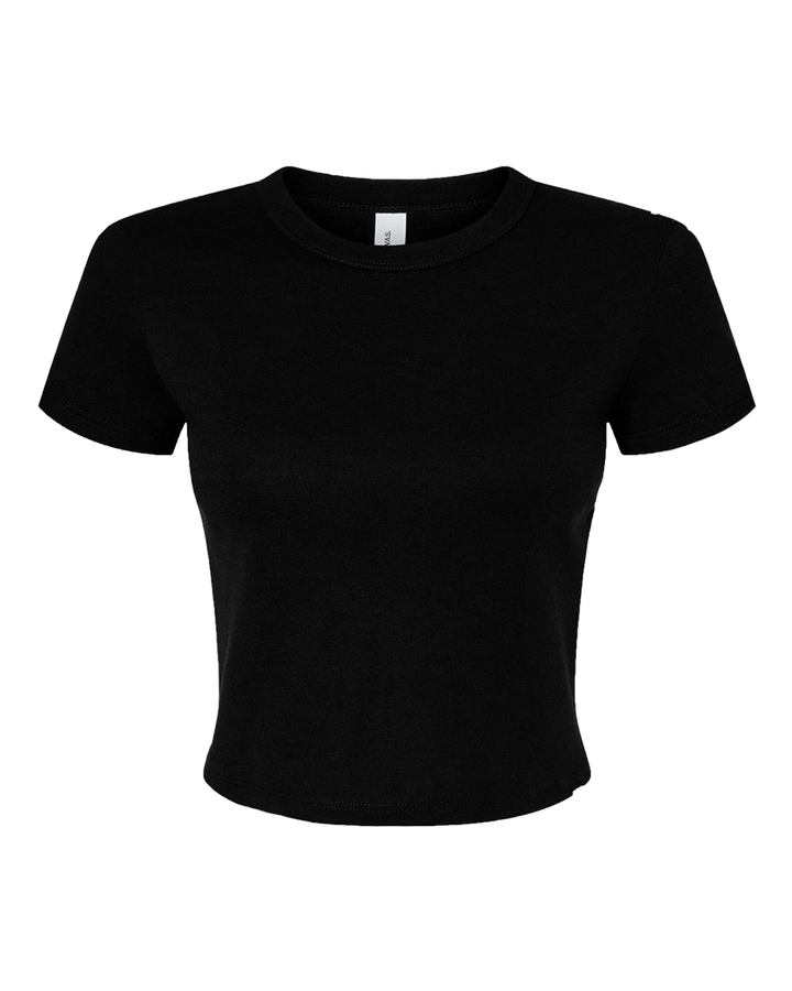 Flat lay of Custom Bella + Canvas Women's Micro Rib Baby Tee in black, showcasing its fitted cropped design and ribbed texture.
