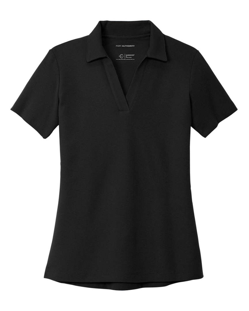 Black V-neck women’s polo shirt laid flat, suitable for custom embroidery or printing, ideal for casual or professional customization.