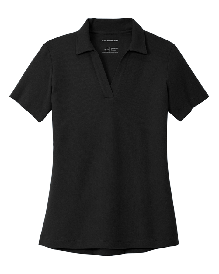 Black V-neck women’s polo shirt laid flat, suitable for custom embroidery or printing, ideal for casual or professional customization.