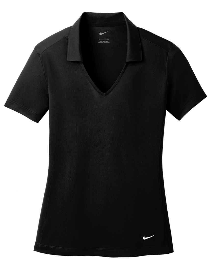 Nike Women's Dri-FIT Vertical Mesh Polo- 637165 in black with V-neck and short sleeves, designed for breathable athletic performance and comfort.