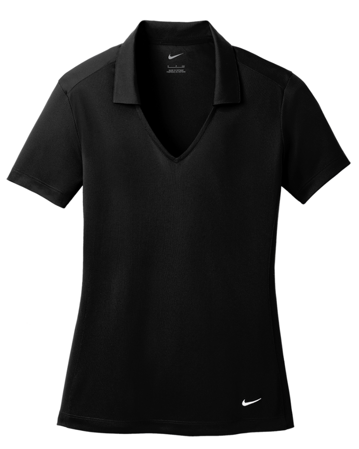 Nike Women's Dri-FIT Vertical Mesh Polo- 637165 in black with V-neck and short sleeves, designed for breathable athletic performance and comfort.