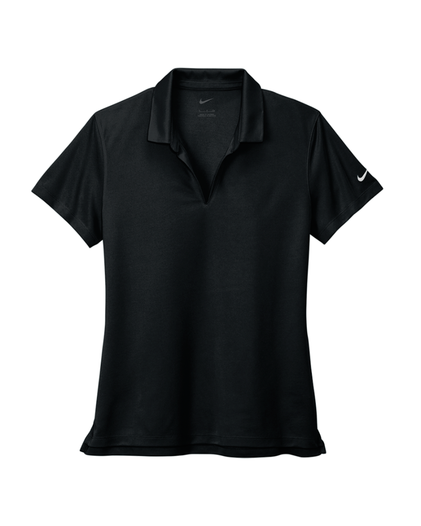 Flat-lay of Custom Nike Women's Dri-FIT Micro Pique 2.0 Polo in black, showcasing Nike logo and sleek design for custom branding.