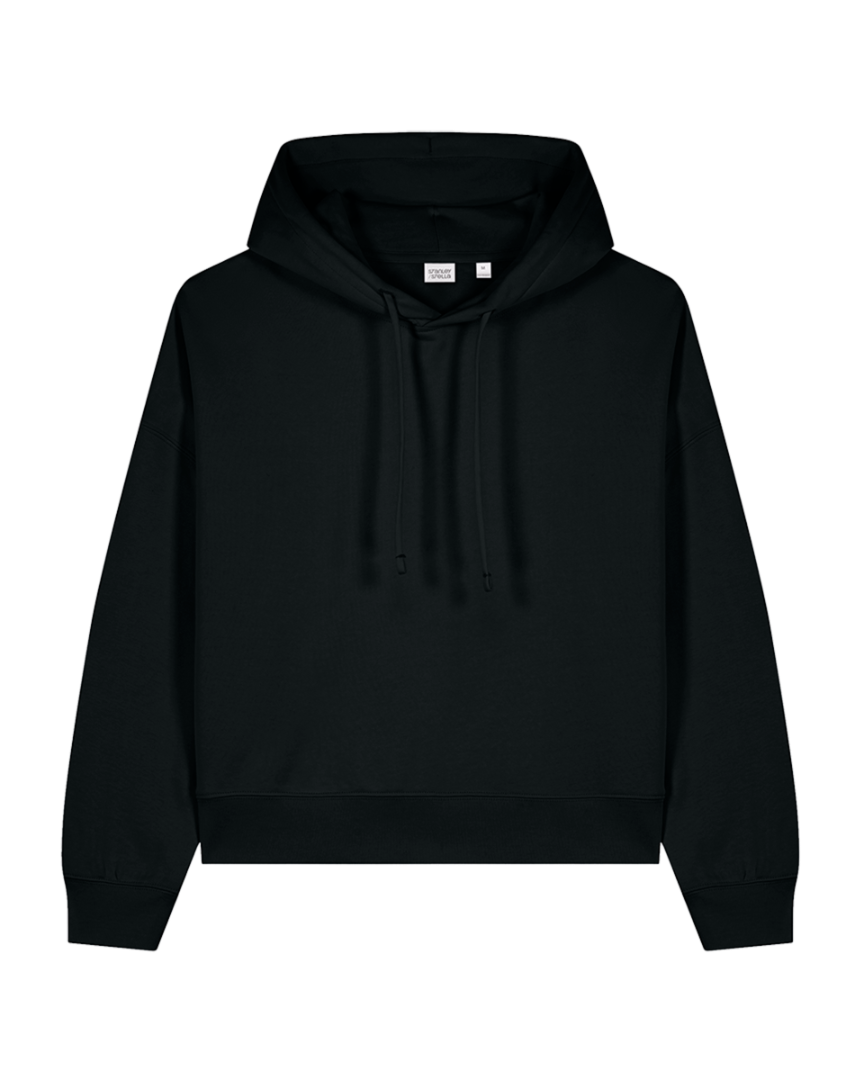 Flat lay of black Custom Stanley/Stella Women's Nora Hoodie, ideal for showcasing custom designs or logos in sustainable fashion.