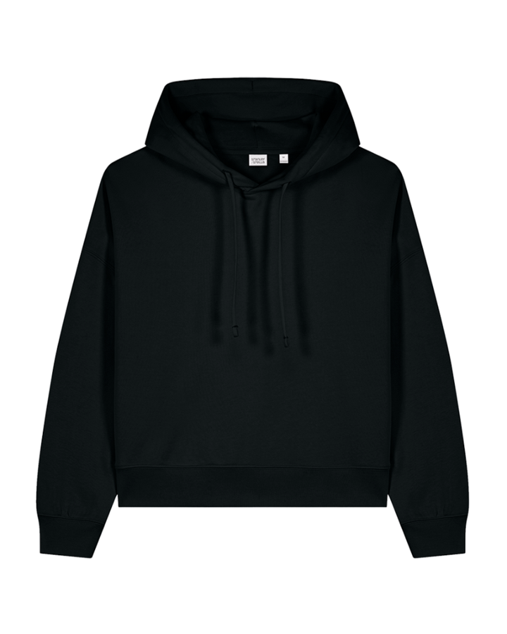 Flat lay of black Custom Stanley/Stella Women's Nora Hoodie, ideal for showcasing custom designs or logos in sustainable fashion.