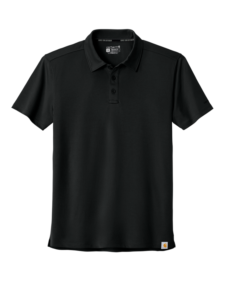 Flat lay of black Custom Carhartt Force® Sun Defender™ Polo, showcasing collar, buttons, and logo tag for premium workwear customization.