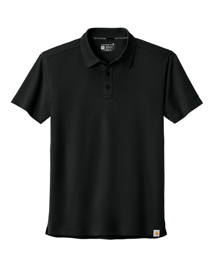 Flat lay of black Custom Carhartt Force® Sun Defender™ Polo, showcasing collar, buttons, and logo tag for premium workwear customization.