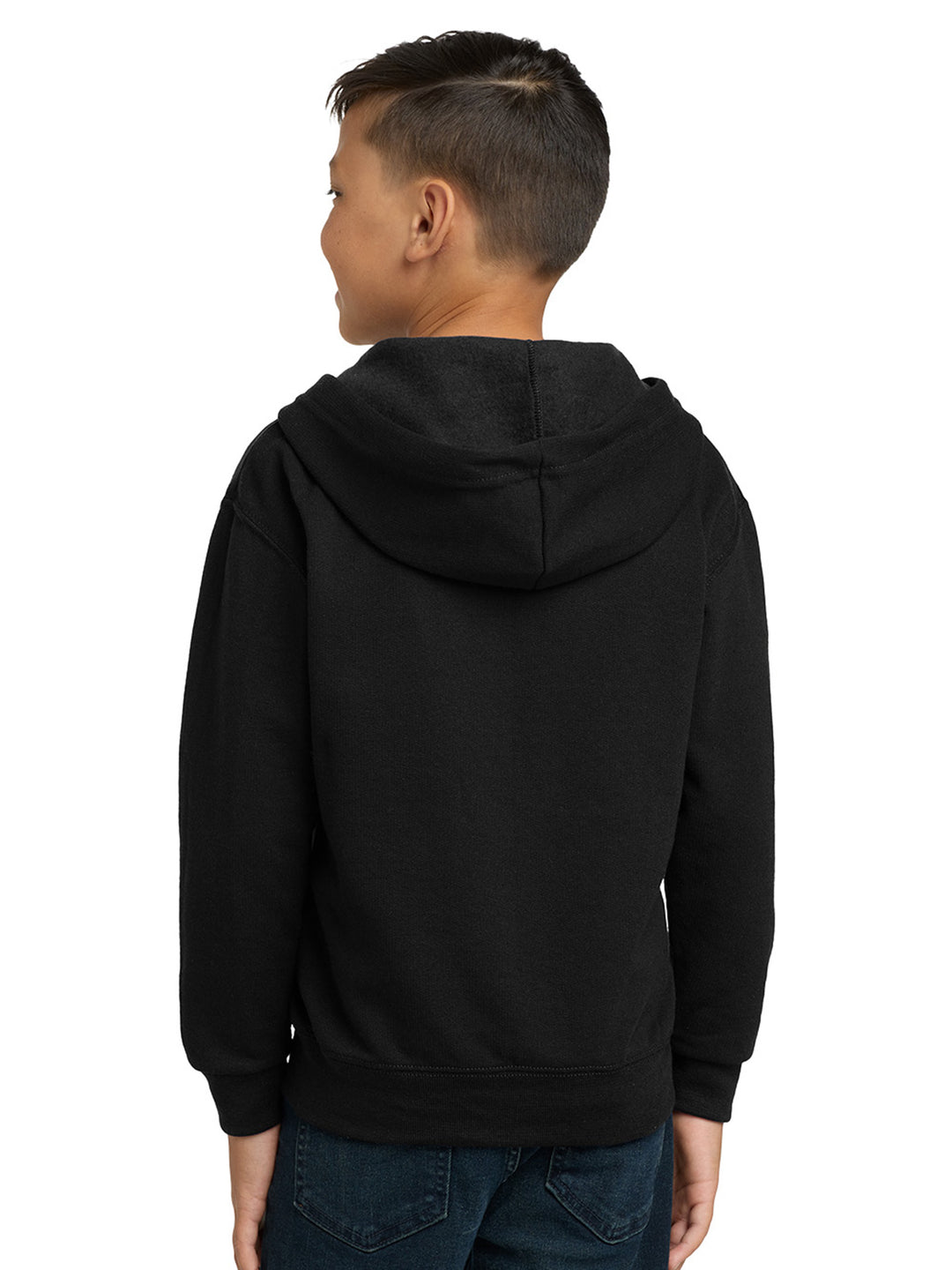 Back view of the Custom Jerzees NuBlend Youth Zip Up Hoodie in black, highlighting the hood and durable anti-pill fleece material for long-lasting wear.