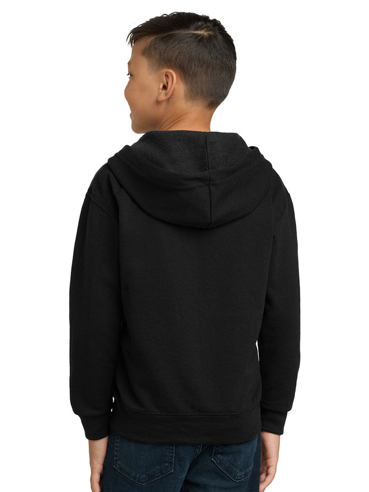 Back view of the Custom Jerzees NuBlend Youth Zip Up Hoodie in black, highlighting the hood and durable anti-pill fleece material for long-lasting wear.