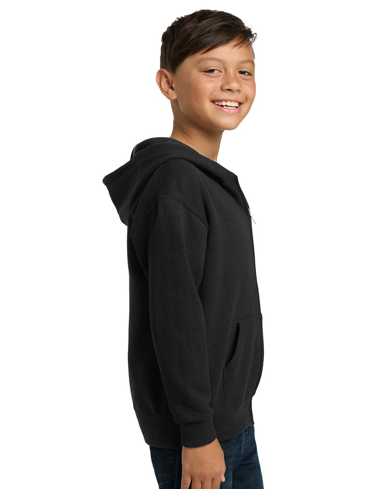 Side view of the Custom Jerzees NuBlend Youth Zip Up Hoodie in black, showcasing its relaxed fit, ribbed cuffs, and soft fleece fabric for comfort.
