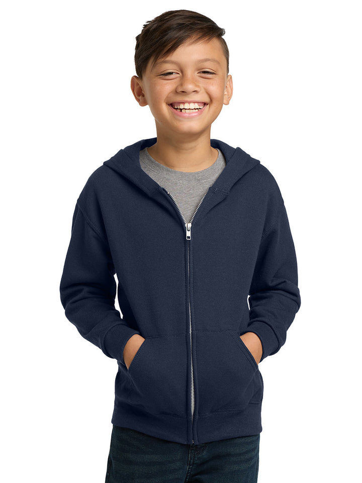 Custom Jerzees NuBlend Youth Zip Up Hoodie in navy, featuring a full-zip design, hood, and kangaroo pockets. Ideal for casual and customizable wear.