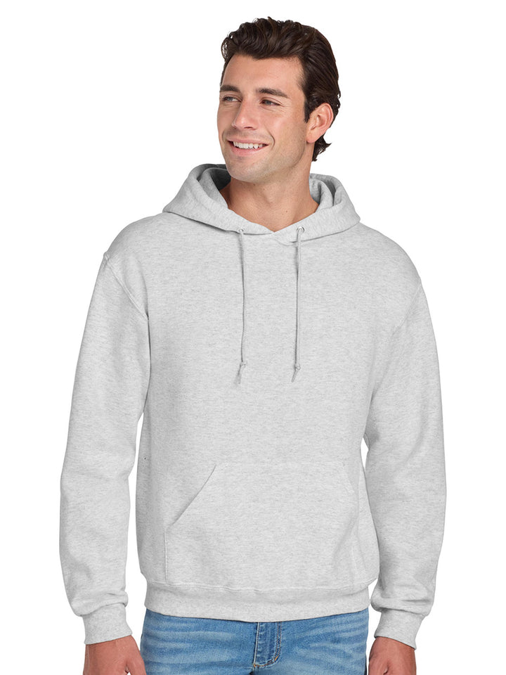 Jerzees NuBlend Hoodie in light gray, featuring a classic pullover design, adjustable hood, and soft fleece fabric for warmth and comfort.