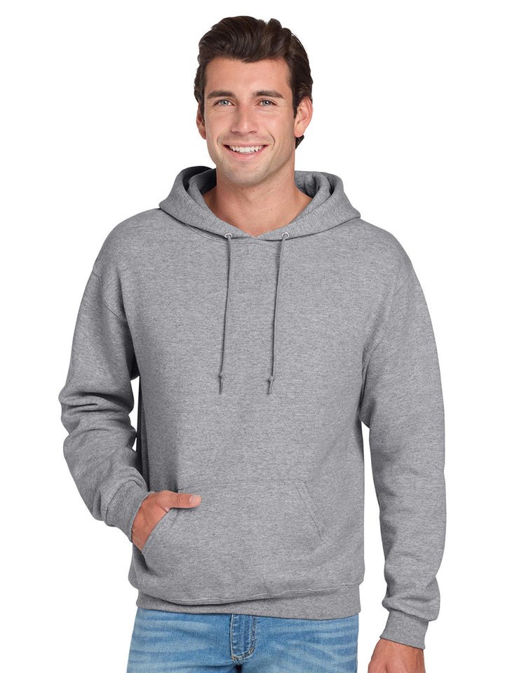 Jerzees NuBlend Hoodie in dark gray, designed with a front pocket, ribbed cuffs, and a cozy fleece interior for a stylish and comfortable fit.