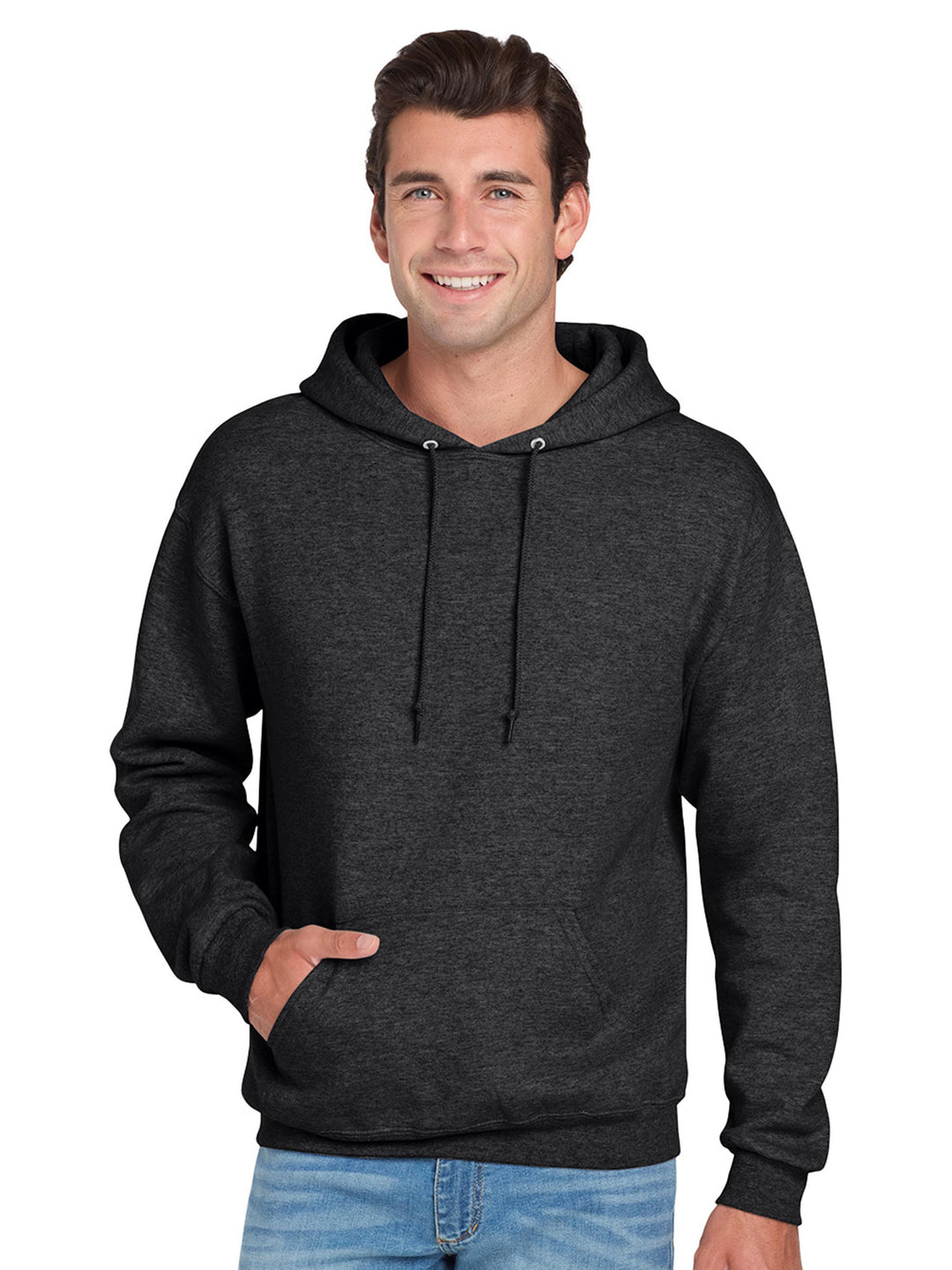 Jerzees NuBlend Hoodie in black, offering a sleek and versatile look with a soft fleece lining, adjustable hood, and front kangaroo pocket.