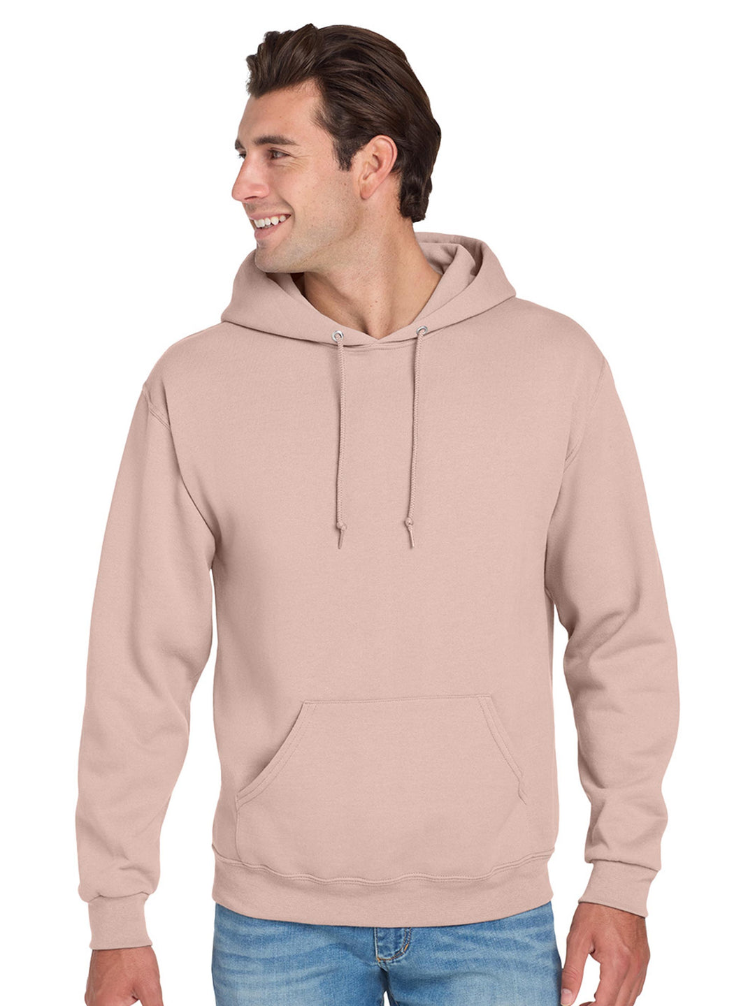 Jerzees NuBlend Hoodie in beige, featuring a relaxed fit, ribbed cuffs, and a warm fleece interior for everyday comfort and style.
