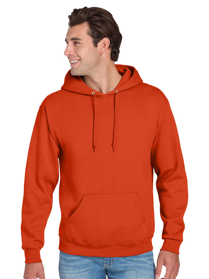 Jerzees NuBlend Hoodie in vibrant orange, designed with a front pocket, adjustable hood, and soft fleece fabric for warmth and durability.