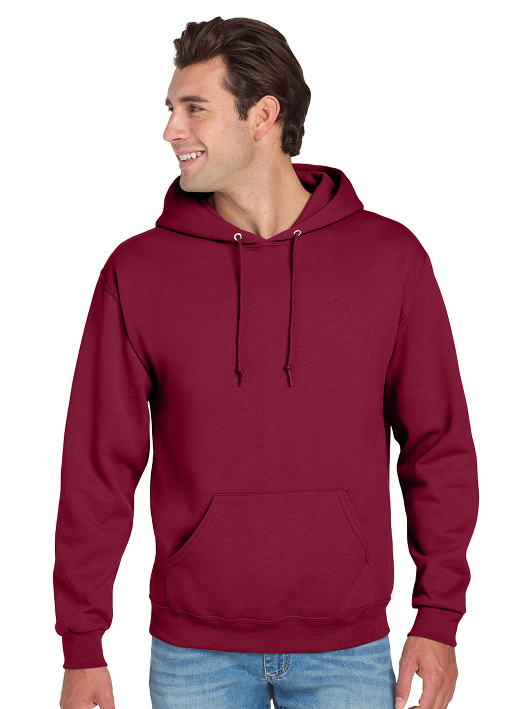Jerzees NuBlend Hoodie in deep red, offering a stylish pullover design, ribbed cuffs, and a cozy fleece interior for ultimate comfort.