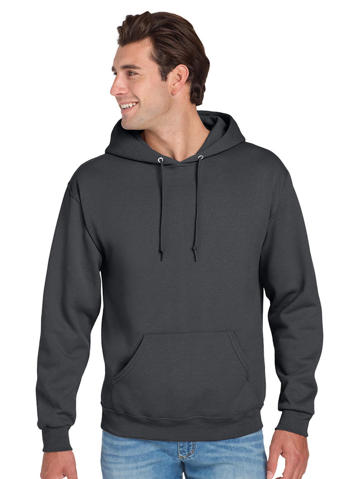Jerzees NuBlend Hoodie in dark green, featuring a classic fit, adjustable drawstring hood, and soft fleece lining for warmth and style.