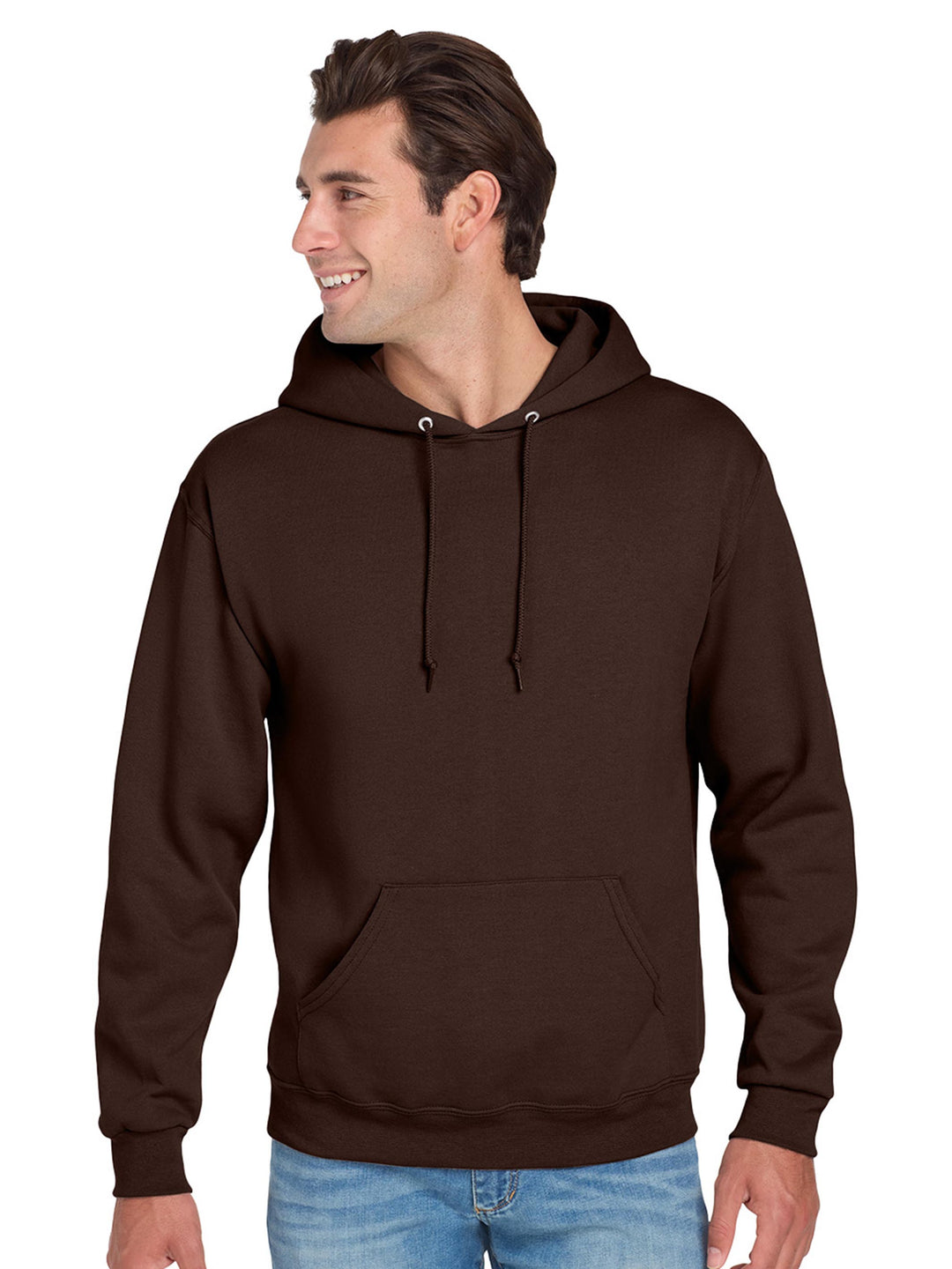 Jerzees NuBlend Hoodie in brown, designed with ribbed cuffs, a front pocket, and a warm fleece interior for a comfortable and stylish fit.
