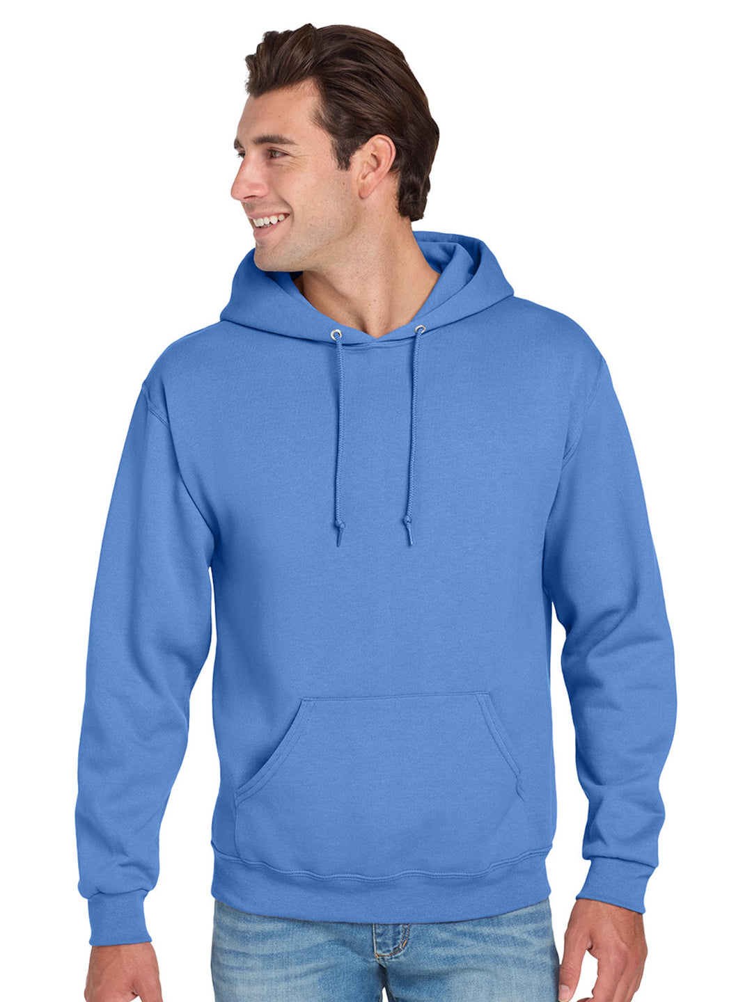 Jerzees NuBlend Hoodie in sky blue, offering a relaxed fit, adjustable hood, and soft fleece fabric for everyday casual wear.