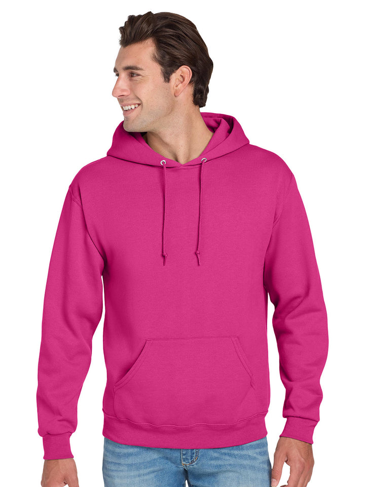 Jerzees NuBlend Hoodie in bright pink, featuring a pullover design, ribbed cuffs, and a cozy fleece interior for warmth and comfort.