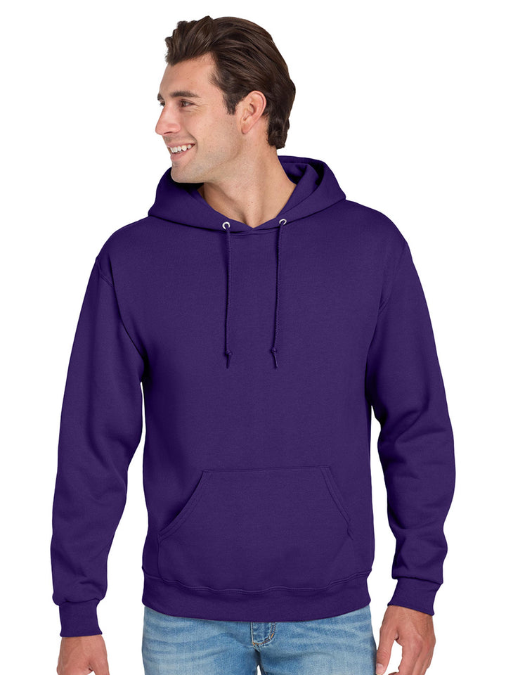 Jerzees NuBlend Hoodie in deep purple, designed with a front pocket, adjustable hood, and soft fleece lining for a stylish and cozy fit.