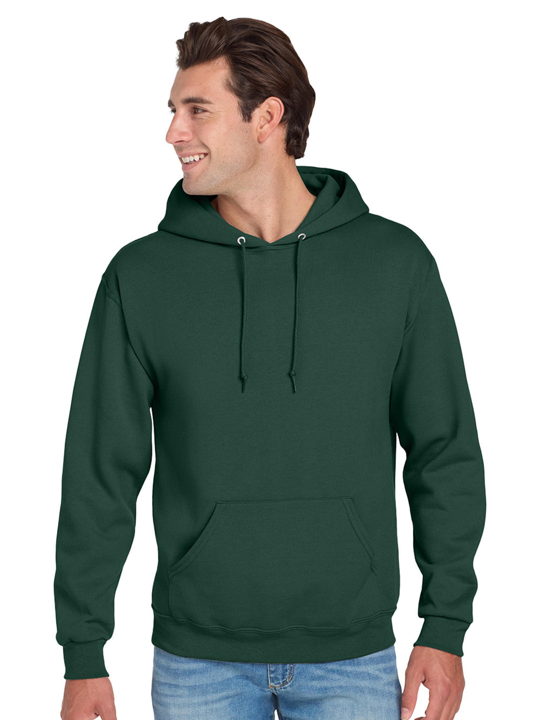 Jerzees NuBlend Hoodie in forest green, offering a classic pullover design, ribbed cuffs, and a warm fleece interior for everyday comfort.