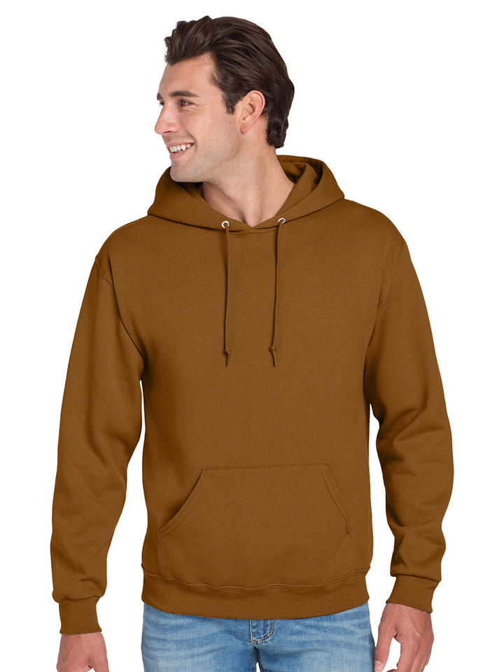 Jerzees NuBlend Hoodie in mustard yellow, featuring a relaxed fit, adjustable hood, and soft fleece fabric for warmth and durability.