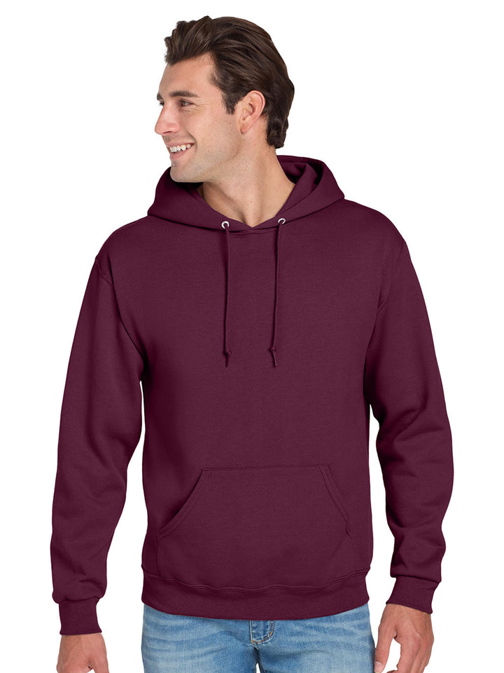 Jerzees NuBlend Hoodie in heather gray, featuring a relaxed fit, adjustable hood, and soft fleece fabric for warmth and durability.