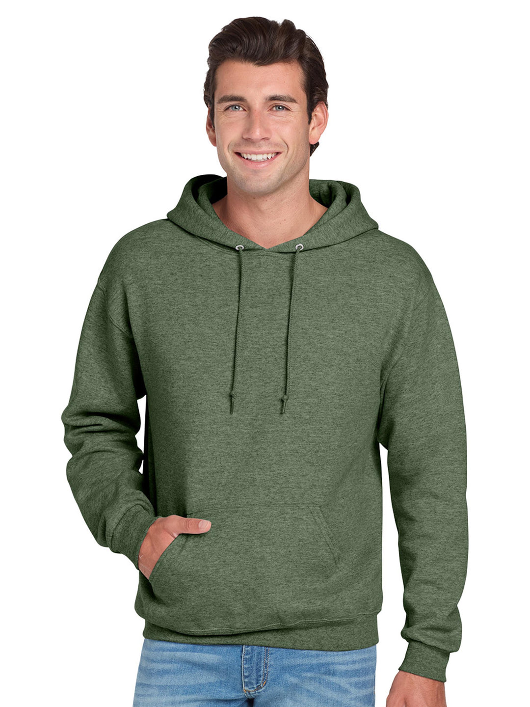 Jerzees NuBlend Hoodie in navy blue, designed with ribbed cuffs, a front pocket, and a cozy fleece interior for a stylish and comfortable fit.