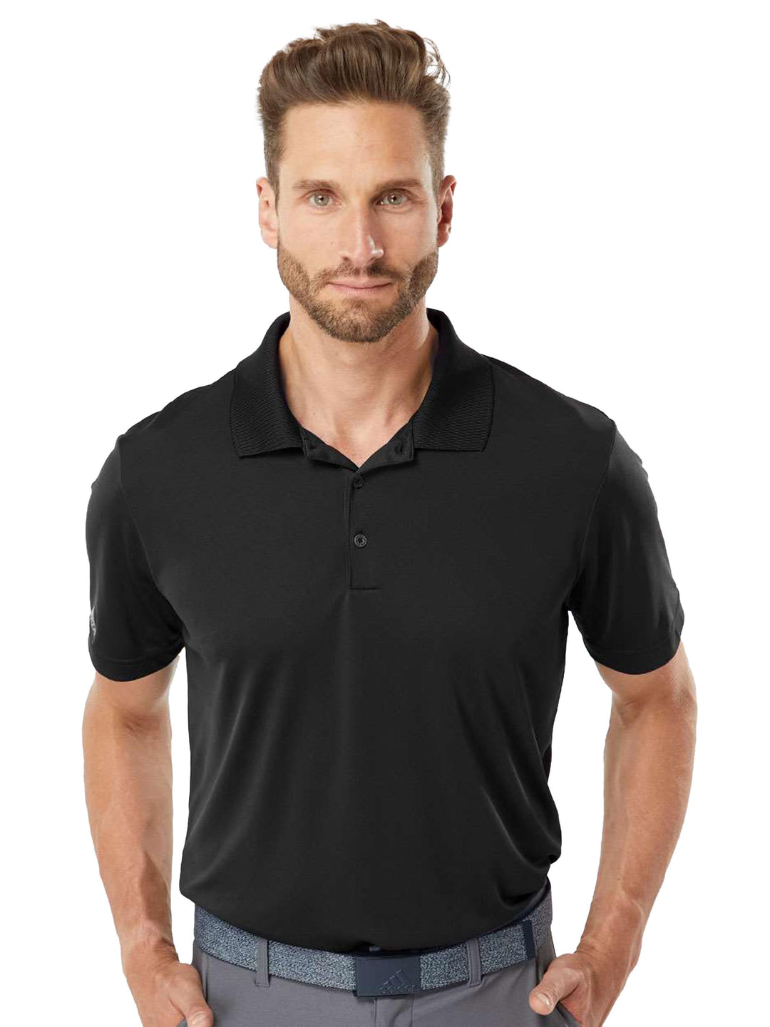 Black Adidas Performance Polo with a sleek, moisture-wicking design. Customize with your logo or design at Kavy's Customs.