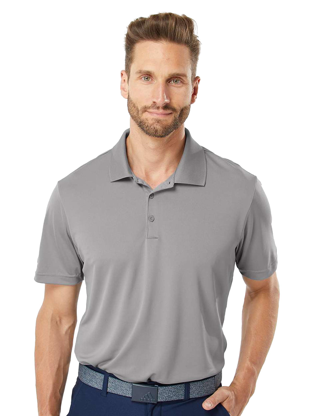 Gray Adidas Performance Polo featuring a three-button placket and moisture-wicking material. Customize your polo at Kavy's Customs.