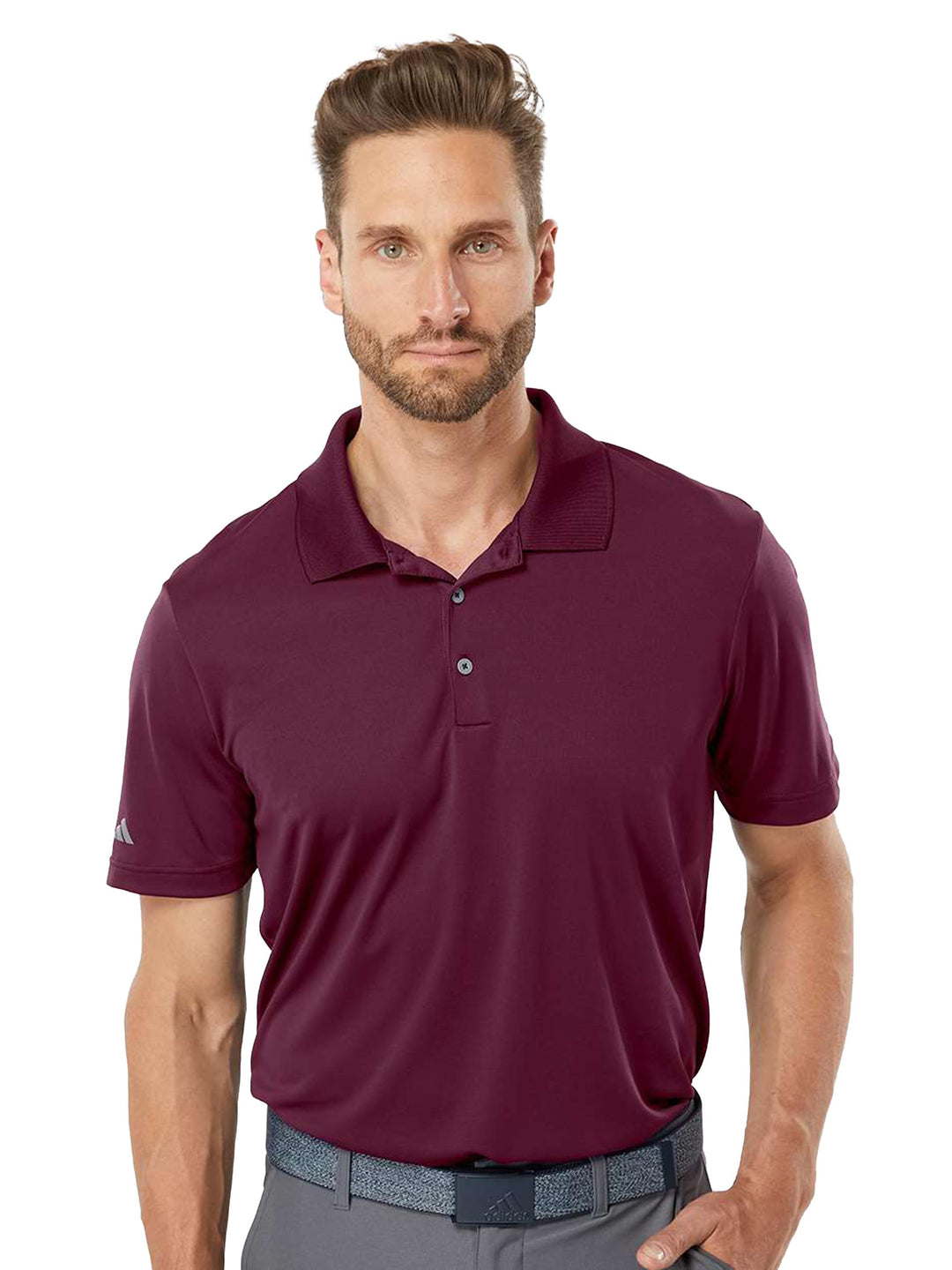 Maroon Adidas Performance Polo with a classic design and moisture-wicking fabric. Customize yours today at Kavy's Customs.