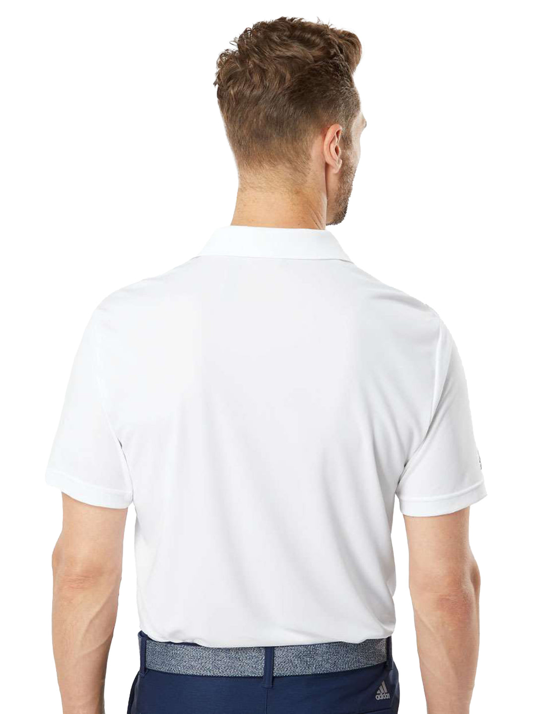 Back view of the white Adidas Performance Polo, highlighting its smooth, lightweight fabric. Customize with your design at Kavy's Customs.