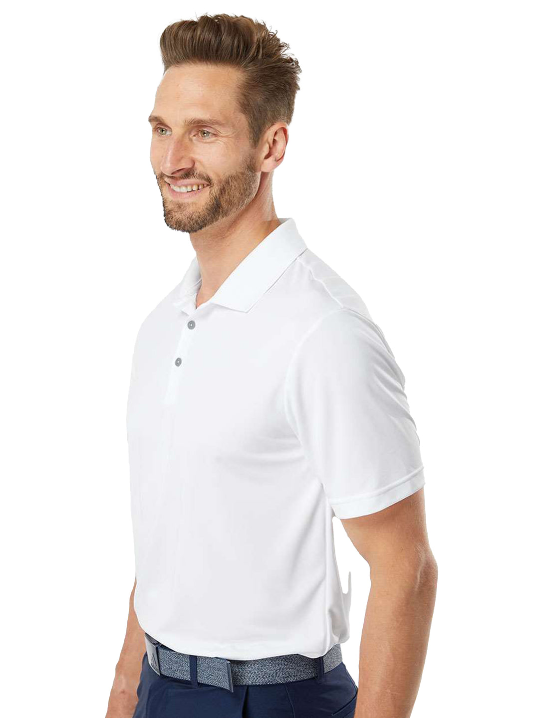 Side view of the white Adidas Performance Polo, showcasing its breathable fabric and tailored fit. Personalize yours today at Kavy's Customs.