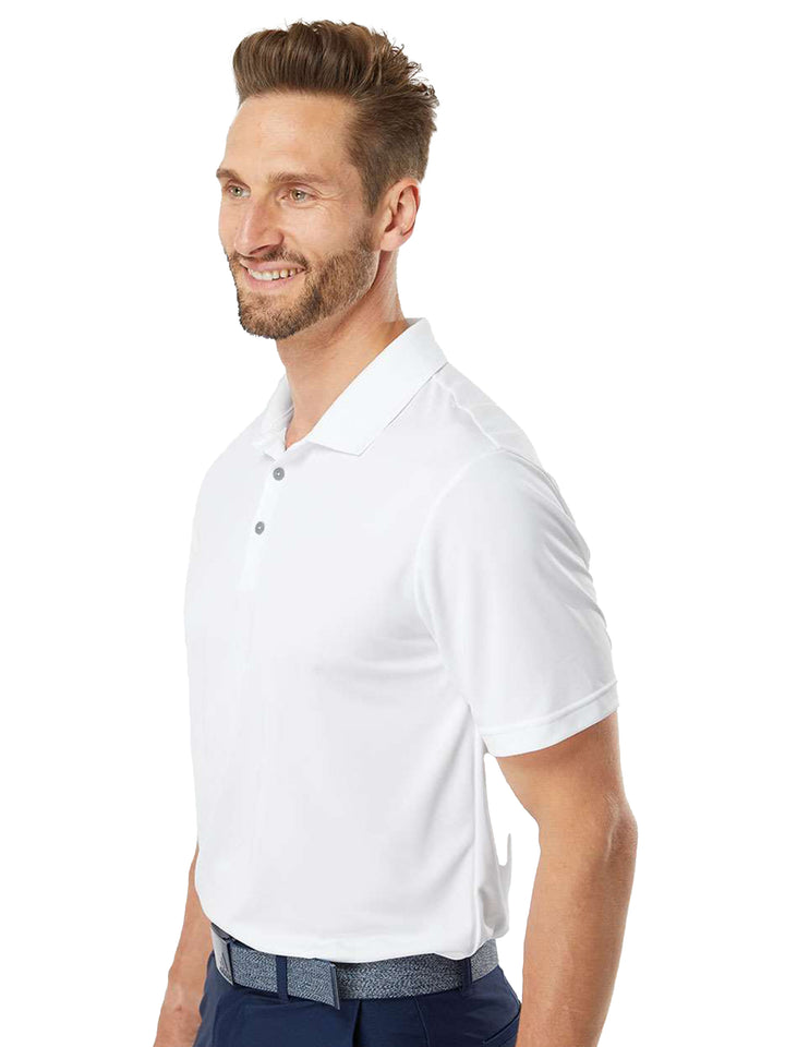 Side view of the white Adidas Performance Polo, showcasing its breathable fabric and tailored fit. Personalize yours today at Kavy's Customs.