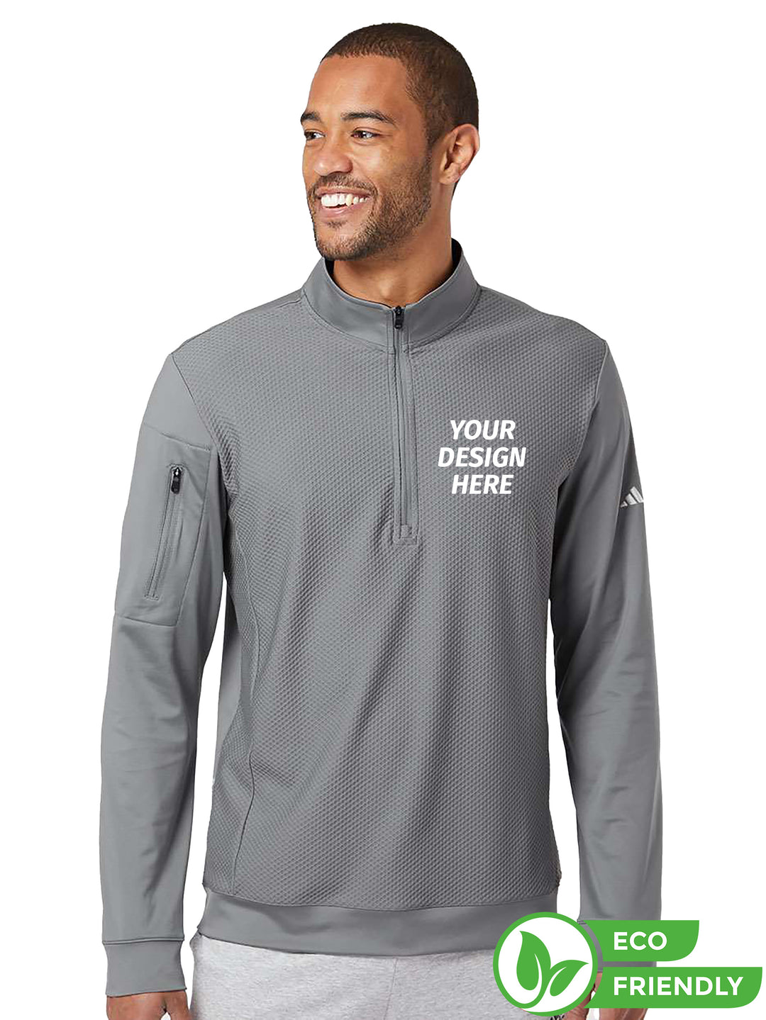 Custom Adidas Performance Textured 1/4 Zip Sweatshirt in gray with eco-friendly design. Personalize with your logo or text for a stylish look.