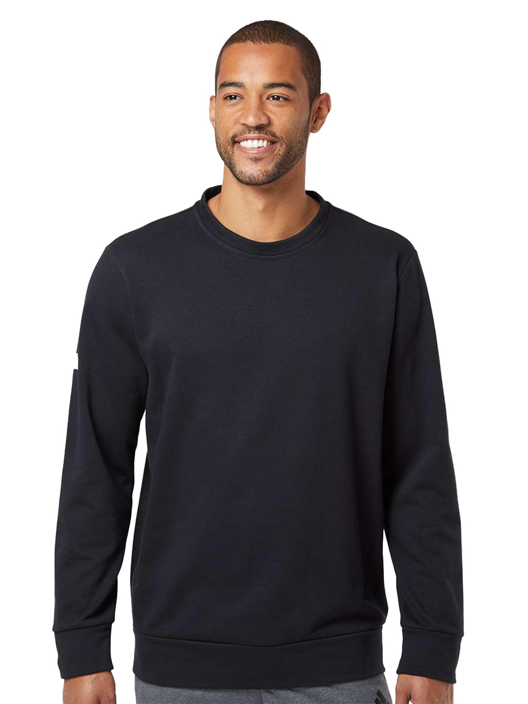 Black Adidas Fleece Custom Crewneck Sweatshirt with a sleek design, worn by a male model. A versatile and comfortable option for everyday wear.