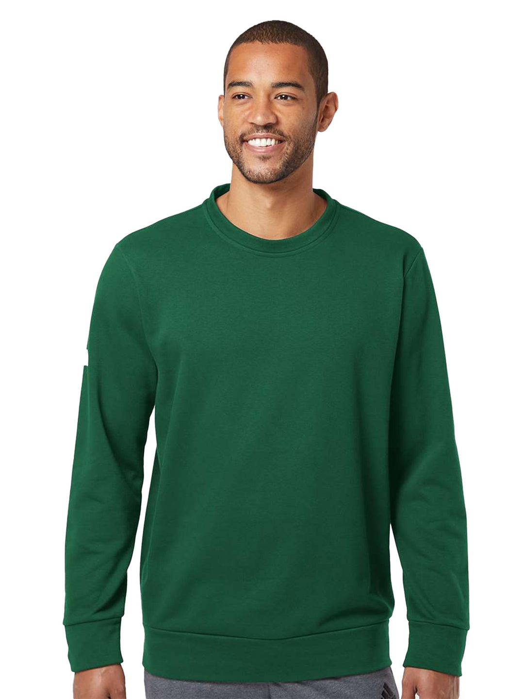 Green Adidas Fleece Custom Crewneck Sweatshirt featuring a soft fleece interior, worn by a male model. A stylish and cozy choice for cooler days.