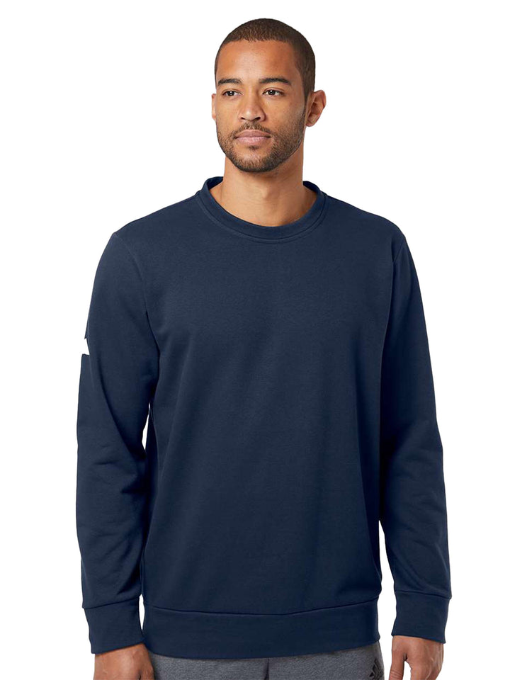 Navy blue Adidas Fleece Custom Crewneck Sweatshirt with a classic fit, worn by a male model. Ideal for layering and casual wear in any season.