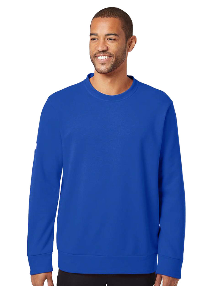 Royal blue Adidas Fleece Custom Crewneck Sweatshirt with a modern fit, worn by a male model. A bold and comfortable choice for everyday fashion.