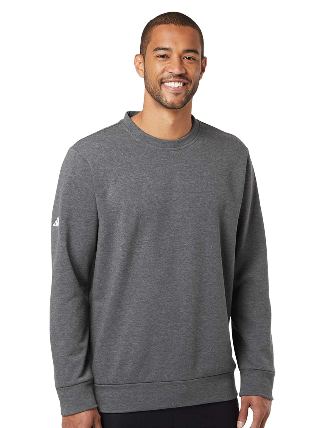 Dark gray Adidas Fleece Custom Crewneck Sweatshirt with a soft fleece lining, worn by a male model. A stylish and practical option for casual wear.