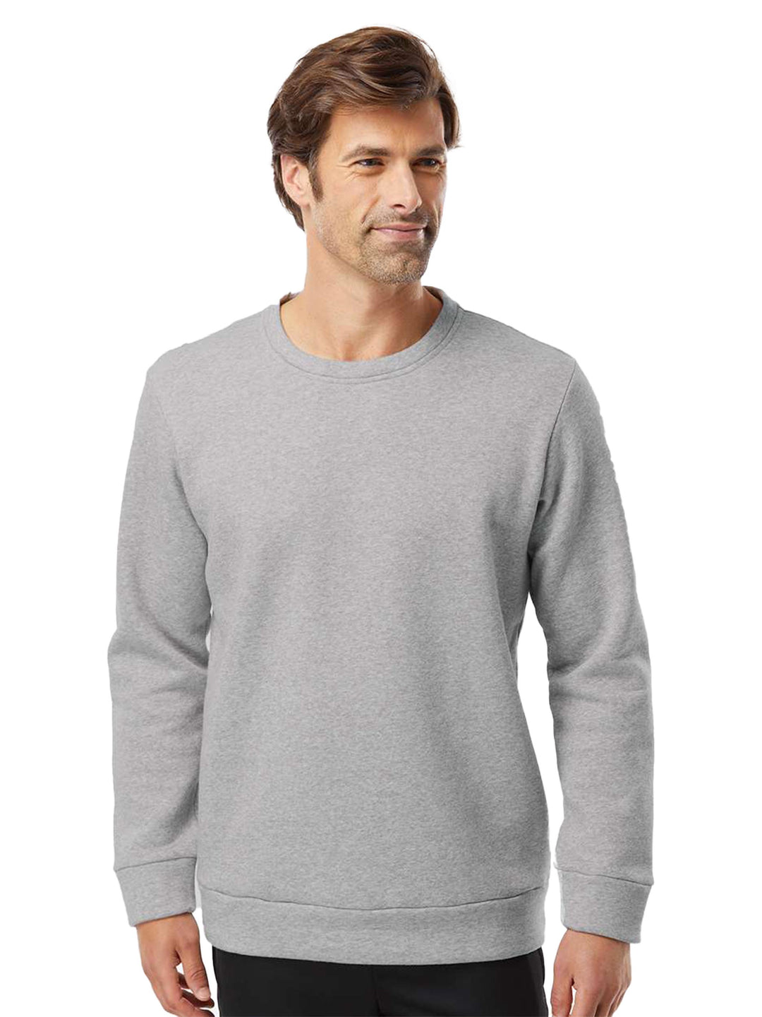 Light gray Adidas Fleece Custom Crewneck Sweatshirt with a relaxed fit, worn by a male model. A timeless and comfortable piece for any wardrobe.