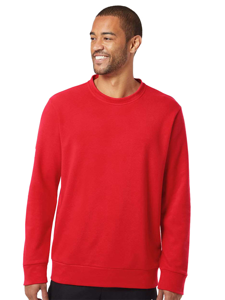 Red Adidas Fleece Custom Crewneck Sweatshirt with a relaxed fit, worn by a male model. Stylish and warm, perfect for casual and sporty looks.