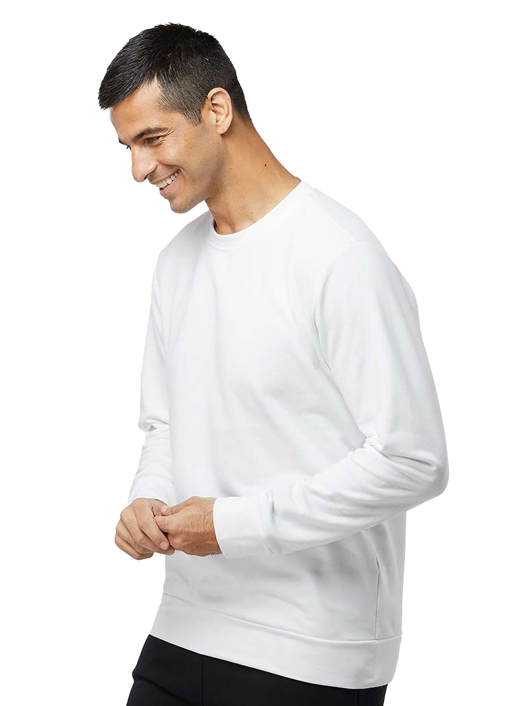 Side view of a white Adidas Fleece Custom Crewneck Sweatshirt, showcasing its relaxed fit and ribbed cuffs. Perfect for layering and everyday style.