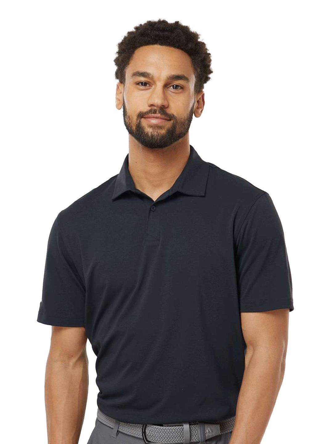 Adidas Blend Polo in black, offering a sleek and professional look. Made with breathable, moisture-wicking fabric for ultimate comfort.