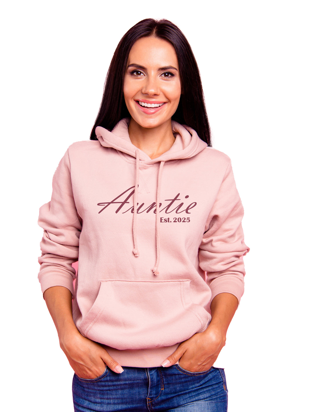 Custom Auntie Hoodie in blush pink with embroidered 'Auntie Est. 2025' design. Personalize with your chosen year and embroidery color for a unique look.