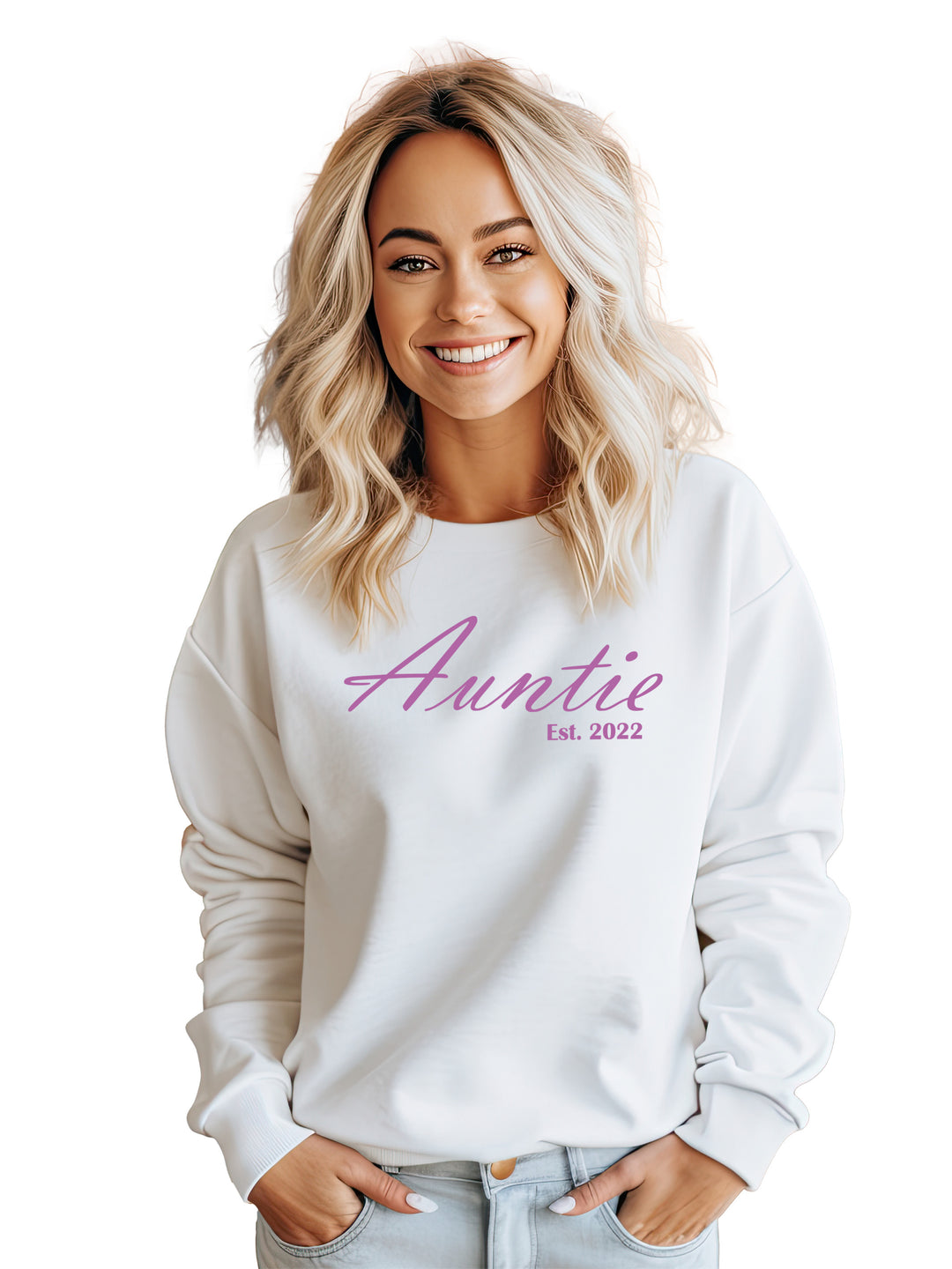 Custom embroidered Auntie sweatshirt in white, worn by a smiling woman. Features 'Auntie, Est. 2022' in pink script. Cozy and stylish gift for aunts.
