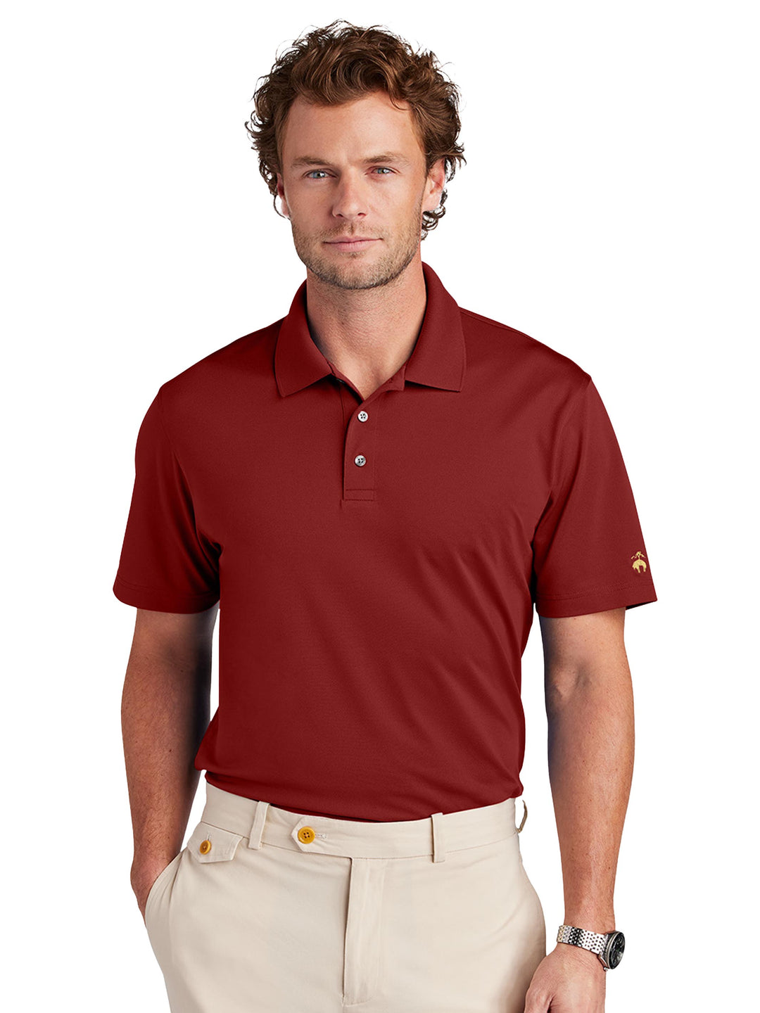 Brooks Brothers BB18220 Polo in red, crafted from breathable mesh pique fabric. A stylish choice for corporate or casual settings.