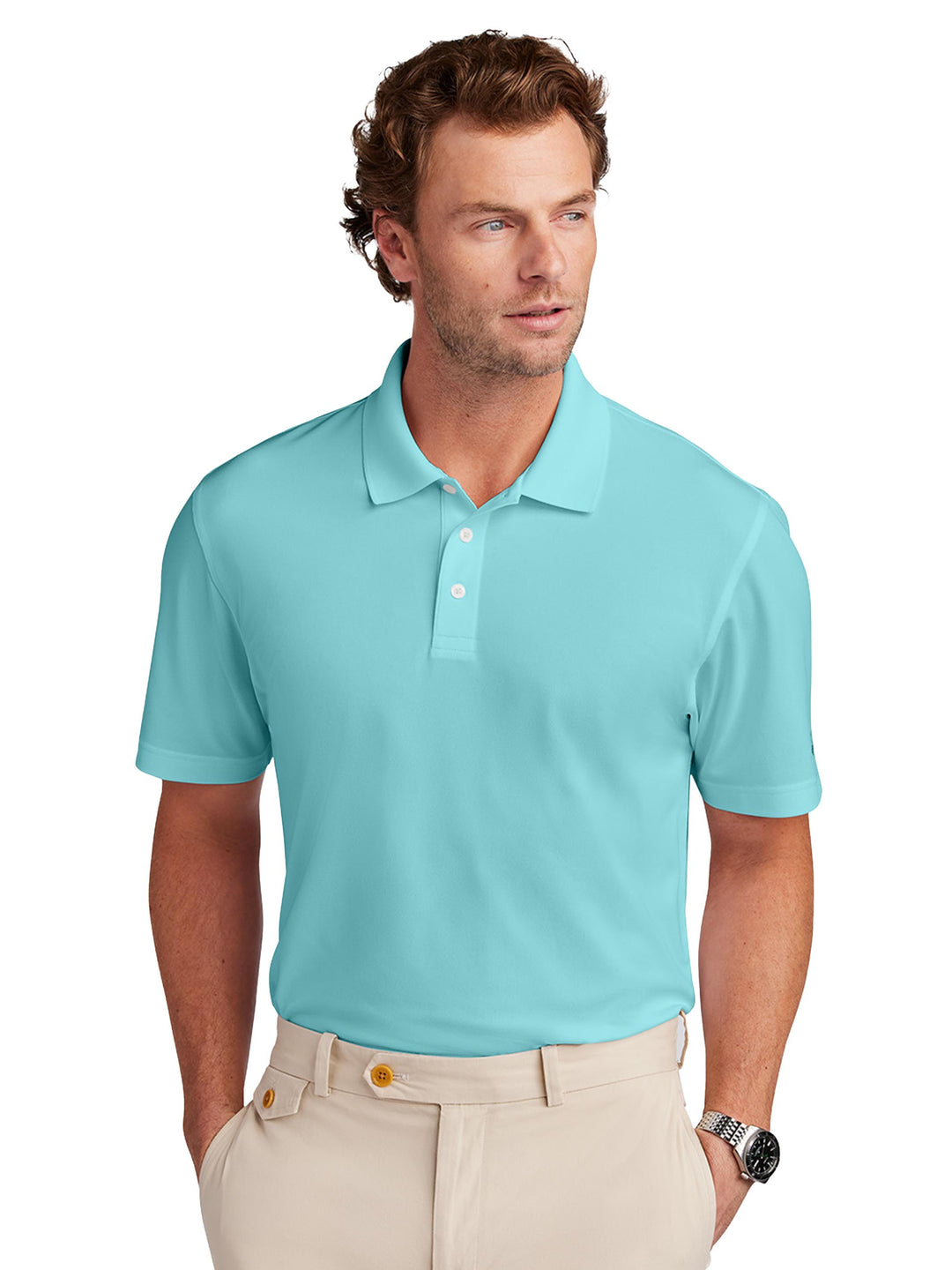 Brooks Brothers BB18220 Polo in light turquoise, offering a fresh and modern look. Custom embroidery available for a unique touch.